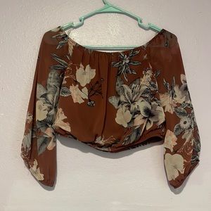 Rust floral long-sleeved crop top